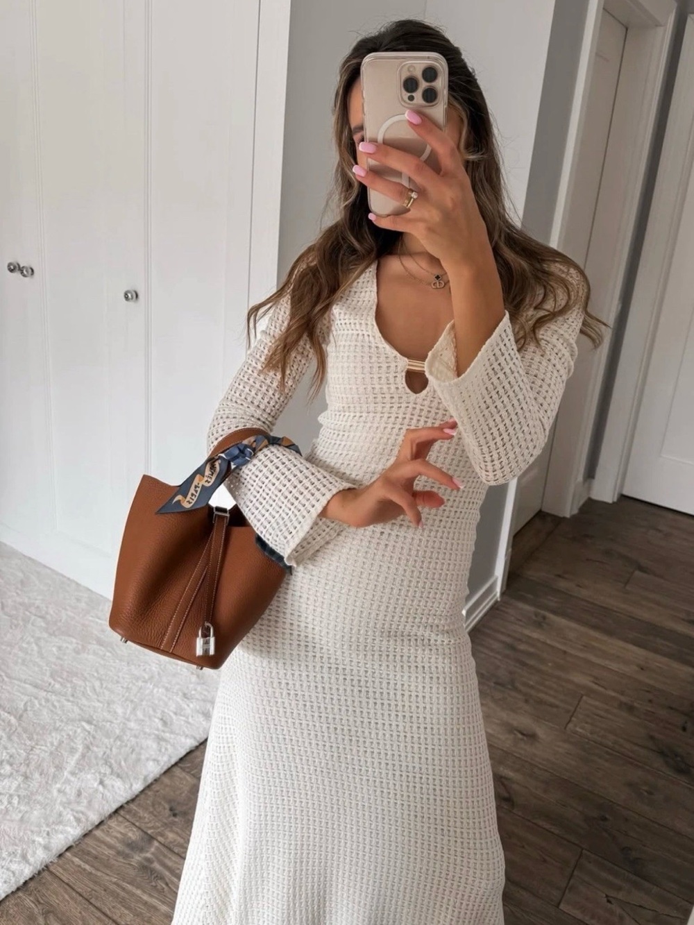ZARA CROCHET LINED LONG SLEEVE MIDI DRESS ECRU w Gold detail M NWT - Picture 4 of 16